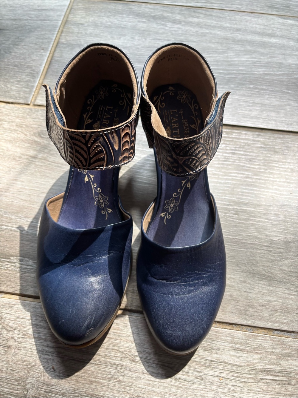 L’Artiste Women's Navy Embossed Ankle Strap and Heel Closed-Toe Beauty - Picture 2 of 7